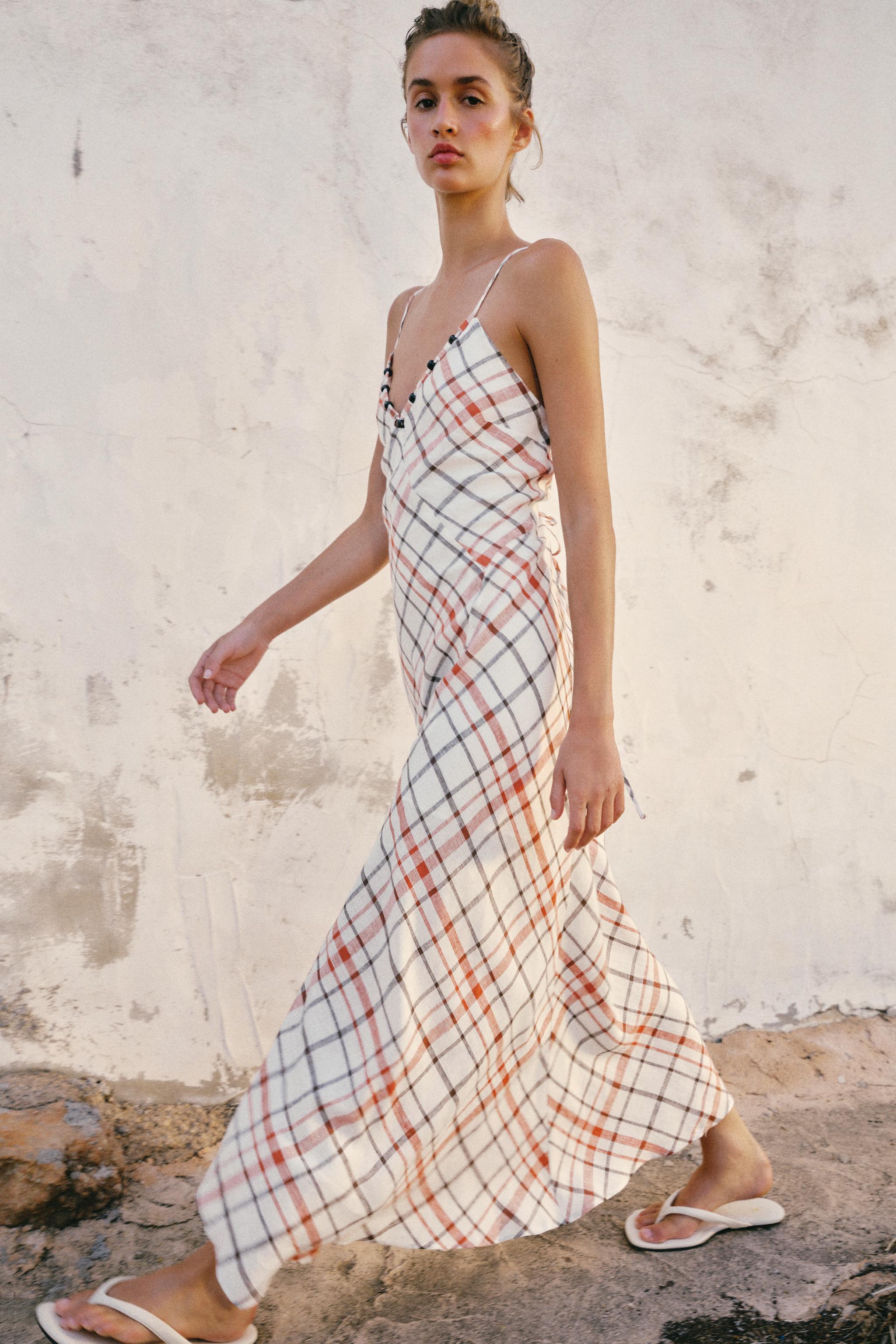 PLAID LINEN BLEND MIDI DRESS